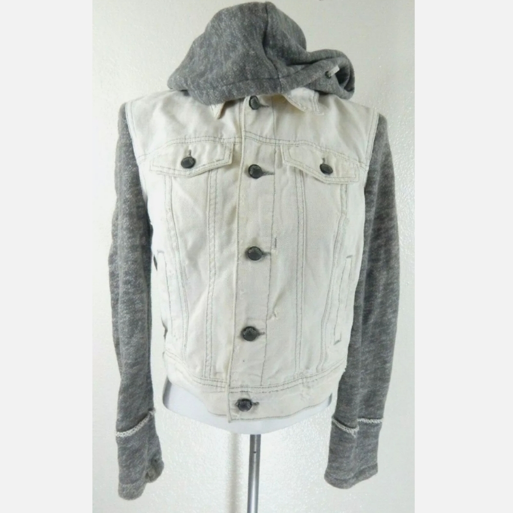 Free People White Distressed Hooded Denim Jacket